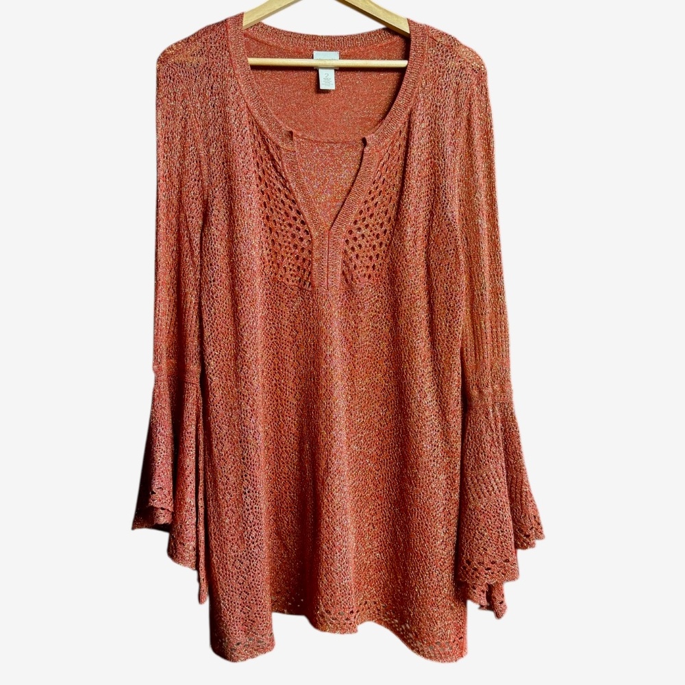 Chico's Rusty Orange Knit Bell Sleeve Layered V-neck Sweater‎ Sz 12